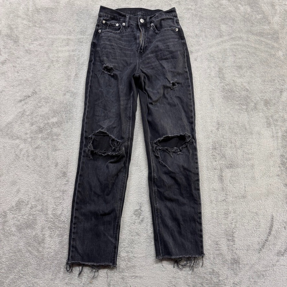 American Eagle Jeans Womens Black Measured 25x27 Distressed High Rise Baggy
